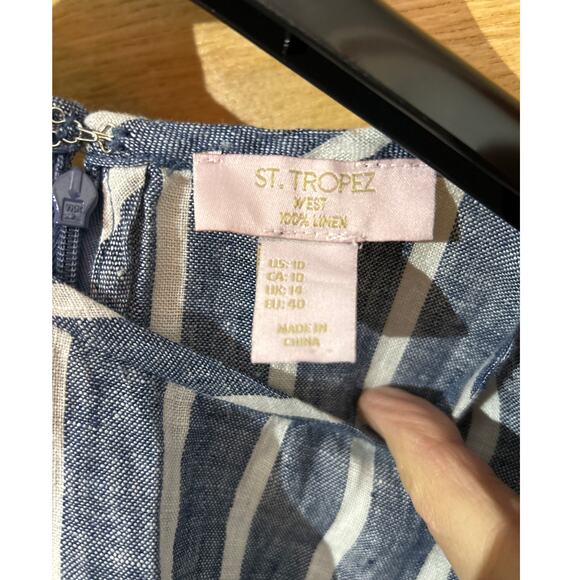 St. Tropez West Sz 10 100% Linen Women's Blue White Stripe Casual Shift Dress - Picture 5 of 6